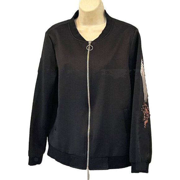 ZARA Black Floral Crane Embroidered Appliques Zip Jersey Jacket Bomber - Picture 5 of 8